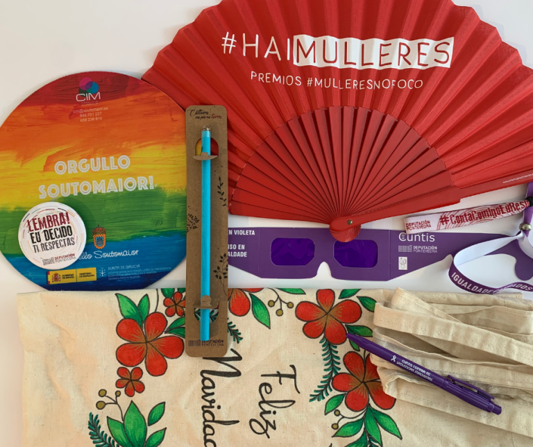 merchandising especializado sobre campañas de igualdad creadas por Crear Galicia
